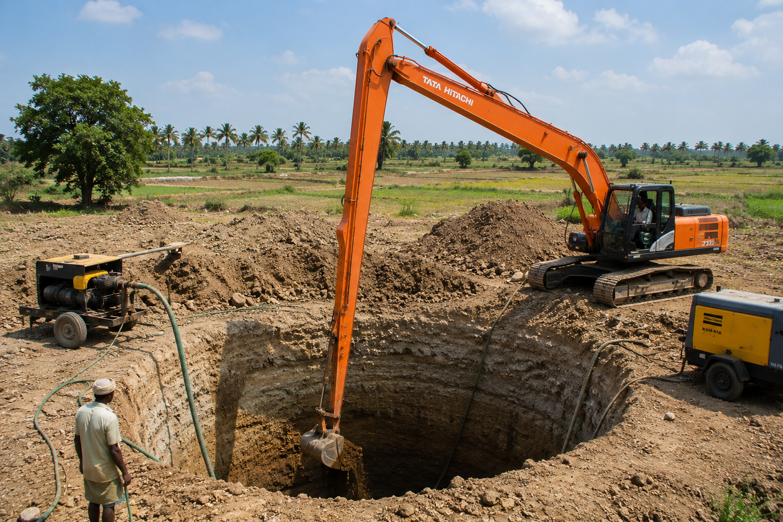 New open well digging by Mini Hitachi contractor in agricultural field Tamil Nadu